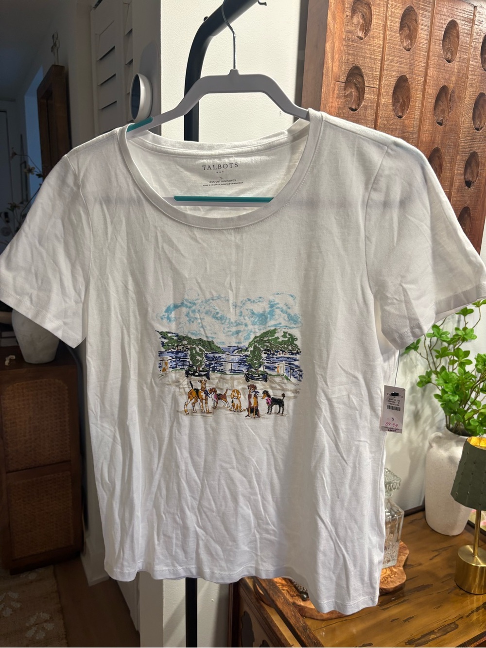 Talbots NWT Dog Graphic Tee 100% Cotton White Size S